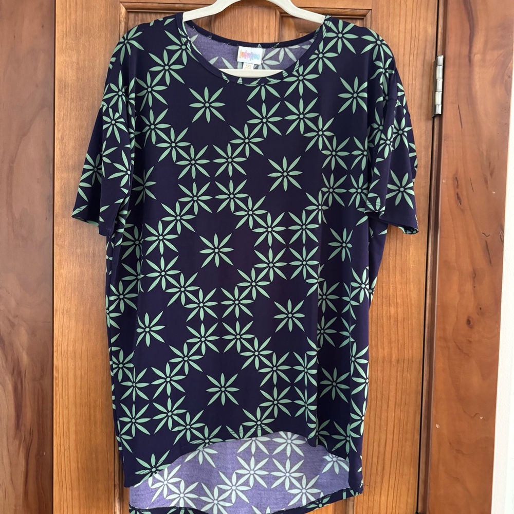 LuLaRoe Irma Tunic Top Women’s XXS Navy Green Print Casual Stretch